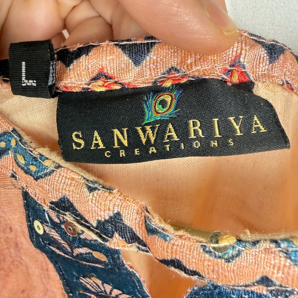 Sanwariya Indian Kurta Tunic Dress Peach Embroidered Long Lightweight Decorative - Picture 5 of 8
